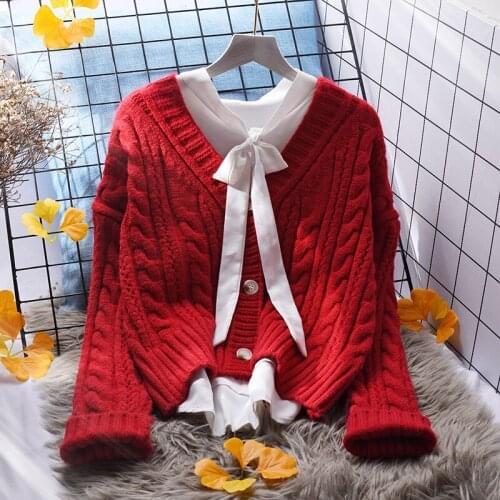 Twist Knitting Women Cardigan Sweater Solid Red Thicken Warm V-Neck Long-Sleeved Button Casual All Match Female Pulls Tops