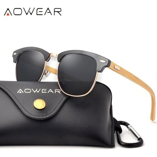AOWEAR Classic Bamboo Vintage Sunglasses Women Polarized Small Wood Retro Sun Glasses Fashion Ladies Wooden Glasses Gafas Sol
