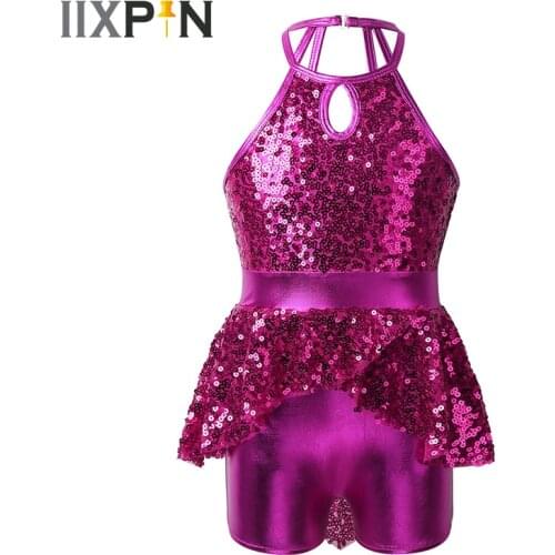 Kids Girls Gymnastics Ballet Dance Costume Sleeveless Shiny Sequins Shorty Unitard Dress Performance Lyrical Modern Dancewear