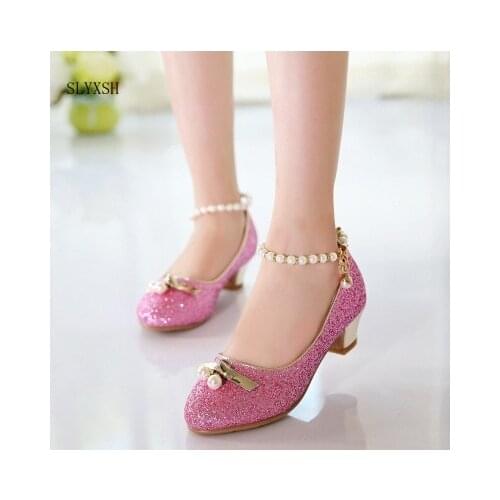 Girls leather shoes 2018 Spring Summer New Childrens shoes High-heeled Princess Sandals Large childrens Wedding party shoes