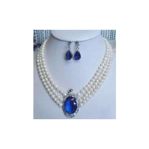 Pretty 3 rows pearl sapphire pendant necklace earrings