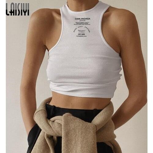 LAISIYI O Neck Sleeveless Letter Print Casual Simple Crop Top Ribbed Solid Basic Slim Fashion Navel Tank Tops For Women Summer