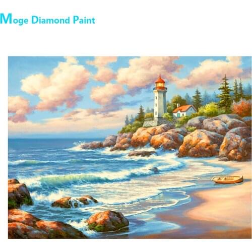 Lighthouse Sea Waves Beach Diamond Painting Round Full Drill Nouveaute DIY Mosaic Embroidery 5D Cross Stitch Scenic Pattern