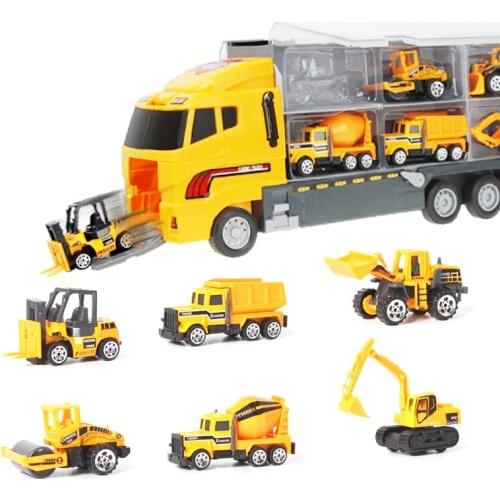 Mini Simulated Alloy Engineering Trucks 6in1 Diecast Car Toy Fire Police Military Vehicles Ejection & Carry Function Toy for Boy