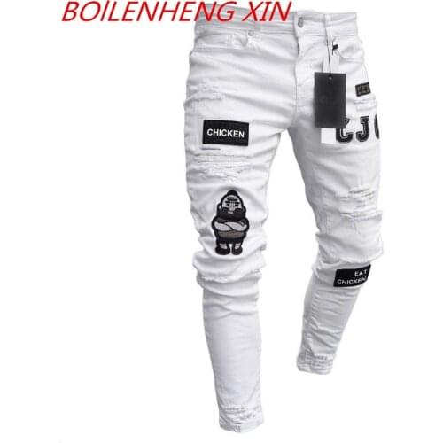 2021 Men Ripped Skinny Biker Embroidery Print Jeans Destroyed Hole Taped Slim Fit Denim Scratched High Stretchy Quality Jeans