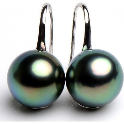 New 10/12mm Tahitian Black South Sea Shell Pearl Silver Hook Dangle Earrings AAA drop shipping
