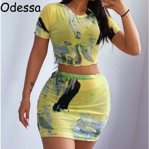 Odessa 2021 Summer Shorts Two Piece Set Outfit Women Sexy Tie Dye Mesh Short Sleeve Crop Top and Elastic Waist Shorts 2 Pieces