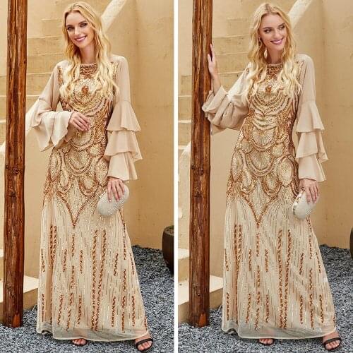 Luxury Muslim Sequins Abaya Ruffle Flare Sleeve For Women Party Evening Arab Maxi Robe Gown Middle East Dubai Kaftan Ramadan New