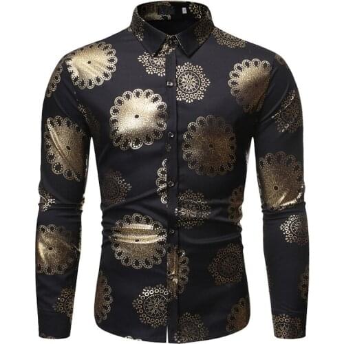 Black Mens Bronzing Print Dress Shirts 2021 New Casual Long Sleeve Nightclub Wear Shirt Men Party Wedding Stage Chemise Homme