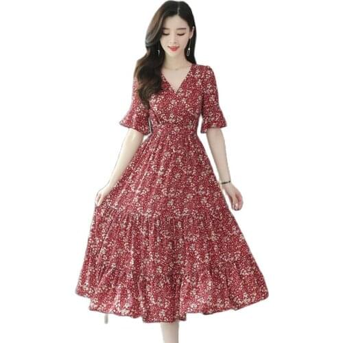 Temperament Floral Print Chiffon Half Sleeve V-neck Tea-length A-line Rose Red Deep Red Blue Khaki Holiday Cocktail Dress 9028