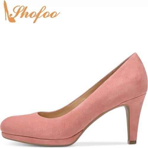 Sweet Pink Stilettos Platform Pumps Woman Round Toe High Thin Heels Slip On Large Size 33 39 Ladies Dress Office Shoes Fashion