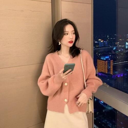 2021 Women Spring Autumn Fashion Short Sweater Coats Female Korean Loose Knitted Jackets Ladies V-neck Cardigan Jumpers T432