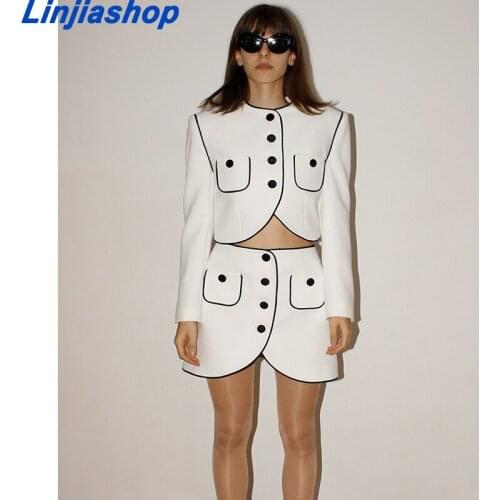 Womens Suit Fashion Office Long sleeve Single-breasted Pocket Blazers Coat +High waist Mini Skirt 2 piece set Clothing
