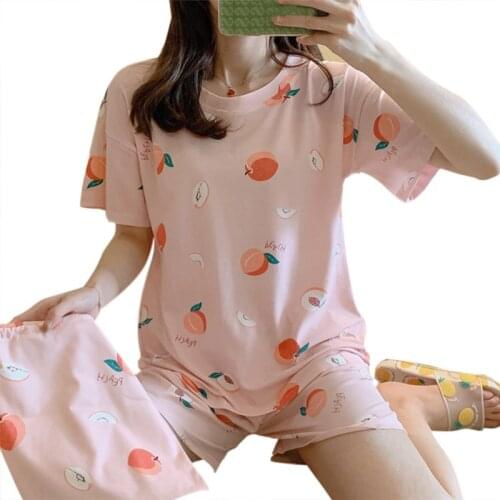 Women Cartoon Leaf Animal Print Pajamas Set Short Sleeve Tops Pants Sleepwear