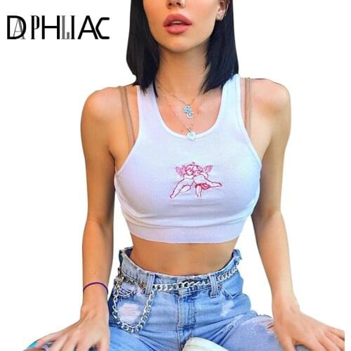 Lovely Cupid Print Ladies Sexy Crop Top Sleeveless U-Neck Streetwear Casual Solid Womens Tank Top Summer Slim Halter Tops