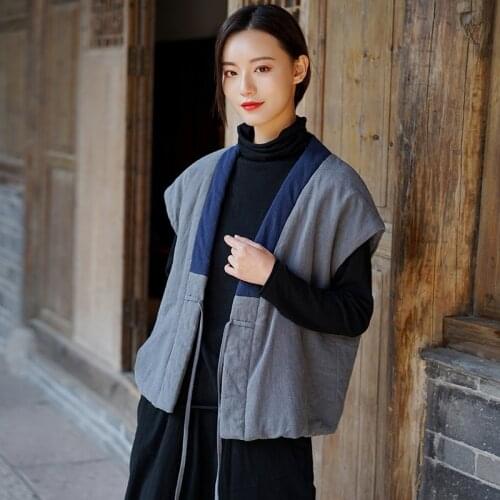 Johnature Women Winter 2020 New Cotton And Linen Vintage Vests Chinese Style Warm Cloths Womens Cardigan Belt Vests Coats