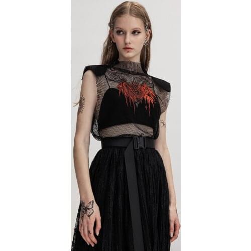 PUNKRAVE Womens Gothic A Series Elastic Loose Sleeveless Vest Daily Wear Sexy Perspective Embroidered Camis
