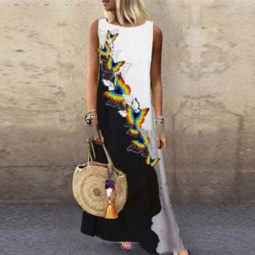 Women Sundress Summer O Neck 3D Butterfly Print Sexy Dresses Plus Size 5XL Casual Linen Loose Sleeveless Printed Long Maxi Dress