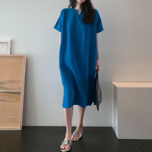 New S-XL Summer Girls Dress Women Cotton Linen Short Sleeve Dresses Female Dress Vintage dress Oversize Boho Robe Femme Vestido