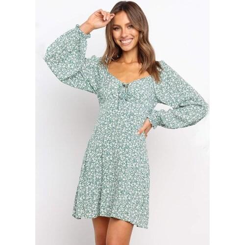 Summer Elegant Vintage Floral Dress For Women V-neck Sexy Backless Long Sleeve A-Line Office Lady Mini Dress Vetement Femme 2021