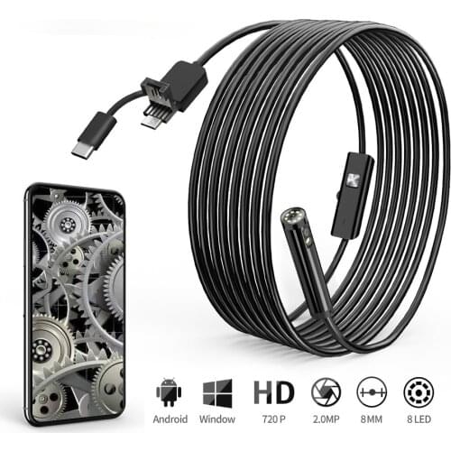 8mm Dual Lens USB Snake Inspection Camera Type C Borescope 2.0 MP HD Camera with 8 LEDs for Android Smartphone and Windows
