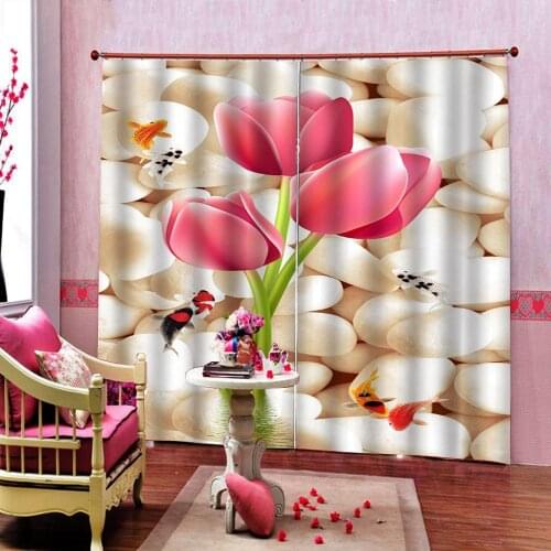 Custom Goldfish Lotus Flower Curtains 3D Green Leaves Lily For Living room Bedroom Blackout Window Drapes (left and right side)