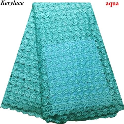 Aqua High Quality African Tulle Guipure Cord Lace Fabric Latest Nigerian French Network with Rhinestones For Dress KRL-85161