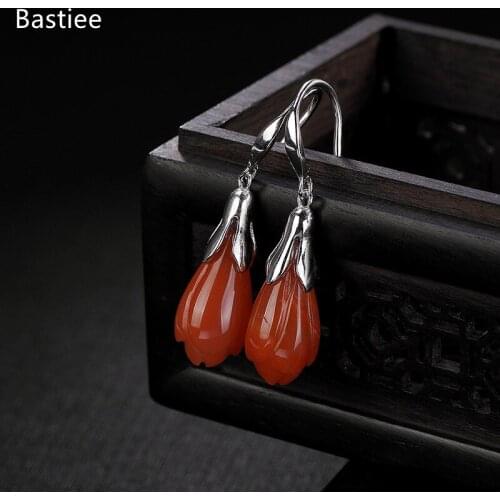 Bastiee Silver 925 Jewelry 925 Sterling Silver Earrings Dangle Earrings Vintage Inlaid Red Agate Korean Earrings Silver