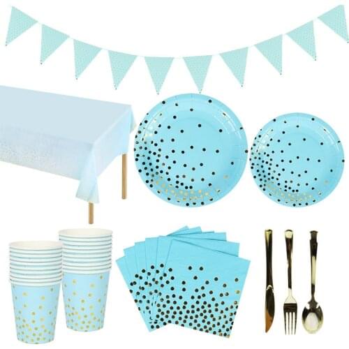 Bronzing Gold Blue Disposable Tableware Sets Paper Napkins Plates Adult Birthday Party Decor For Home Baby Shower Wedding Decor