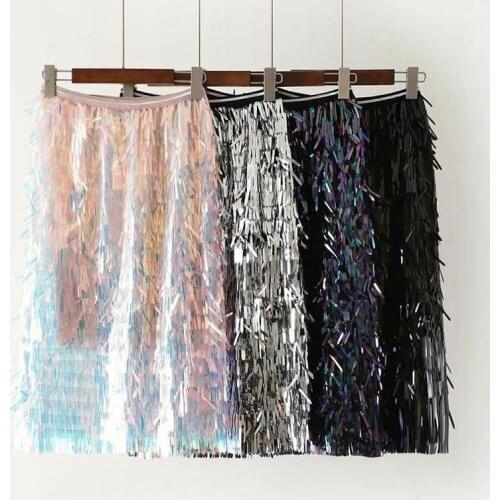 Designer Runway Iridescent Holo Fringe TIered Sequin Midi Pencil Skirt Tassel