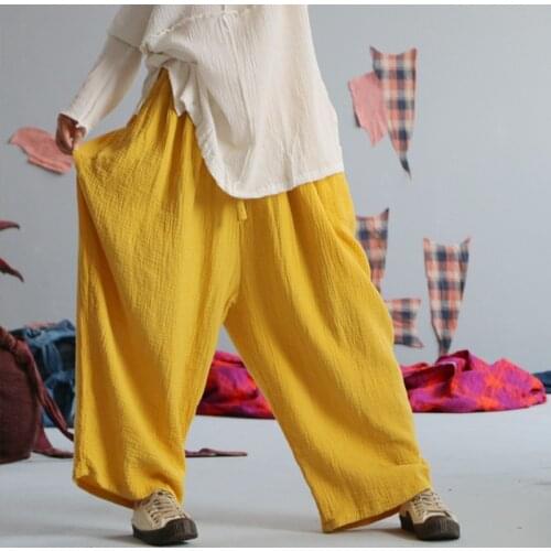 Johnature Women Cotton Linen Wide Leg Pants Elastic Waist 2021 Autumn New Women Clothing Loose Vintage Trouser