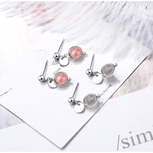 Korean Pink Strawberry Crystal 925 Sterling Silver Stud Earring For Women Moonstone Tassel Fashion Earring ED759