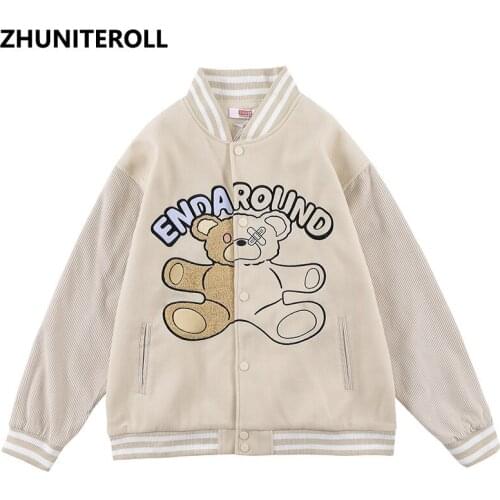 2021 Bomber Patchwork Jackets Harajuku Embroidery Bear Letter Baseball Jacket Coats Streetwear Hip Hop Fashion Casual Outerwear