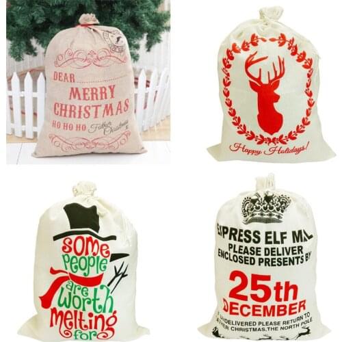 4 Pcs Big Size Merry Christmas Linen Gift Bag Santa Claus Sacks Drawstring Candy Bag Natal New Year Xmas Home Decor Wholesale X2