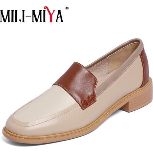MILI-MIYA Mixed Color Genuine Leather Spring Autumn Female Pumps Slip On Casual Round Toe Square Low Heel Office Casual Shoes