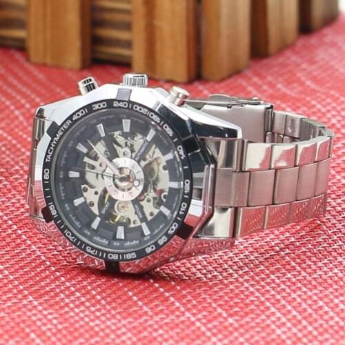 Mens Hollow Skeleton Dial Automatic Mechanical Stainless Steel Band Wrist Watches for Men