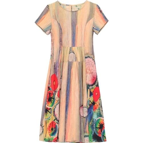 New Women Flowers Print Dress Ladies Summer Elegant Short Sleeve Round Neck Dress Plus Size Vestidos Female Long Dresses