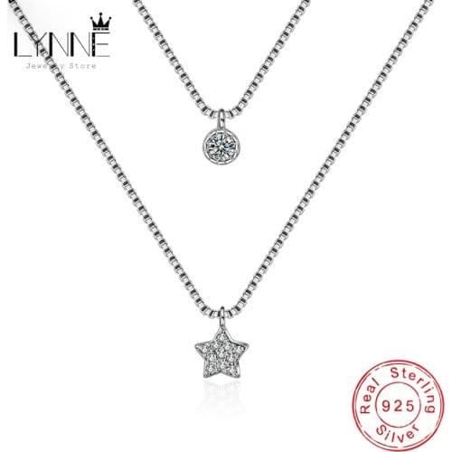 New Fashion 925 Sterling Silver Double Layers Necklace Star And Heart Zircon Pendent Collarbone Necklace Women&Girl Jewelry Gift