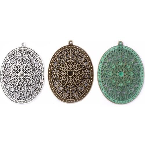 3PCS Large Antique Hollow Flower Oval Pendant 5mm Blank Rhinestone Settings Jewelry Findings