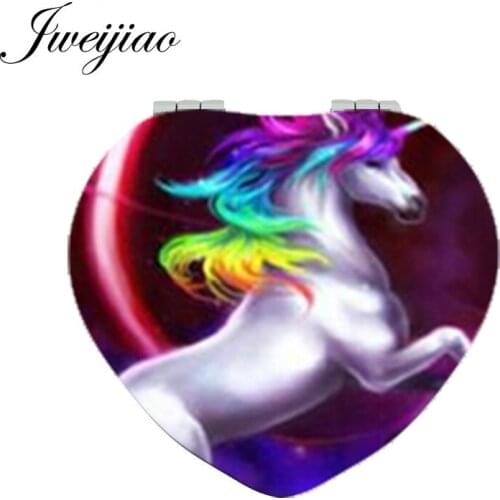 Youhaken Cartoon Photo Unicorn Makeup Mirror Heart Shaped Horse Folding Mini Pocket Hand Mirror 1X/2X Magnifying