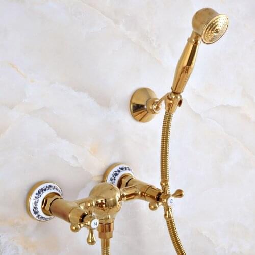 Contemporary Luxury Gold Color Brass Wall Mounted Bathtub Faucet with Handheld Shower Set +150CM Hose Mixer Tap 2na972
