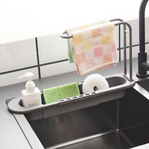 Telescopic Sink Shelf Towel Bar Sponge Drainer Storage Rack Kitchen Basket