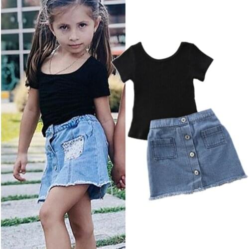 2PCS Toddler Kids Baby Girl Tops Knit T-Shirt Denim Single Breasted Skirt Outfits Clothes Summer Girls Suit
