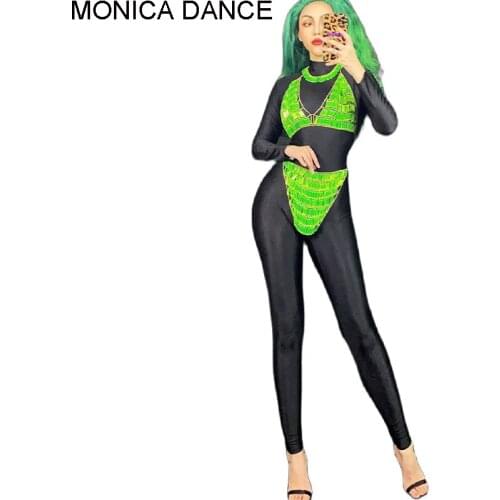 Women Sexy Stage Black Jumpsuit With Green Beaded Accessories Singer Dancer Performance Show Stage Wear Jazz Dance Costume