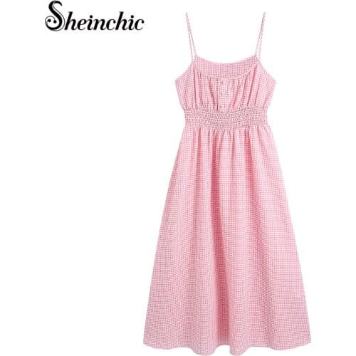Korean Fashion Summer Clothes for Women Sexy Spaghetti Strap Pink Plaid Pleated Long Dresses Robe Femme