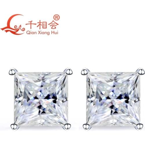 925 silver DF white square shape 8mm single moissanites stone ear stud Earing earrings