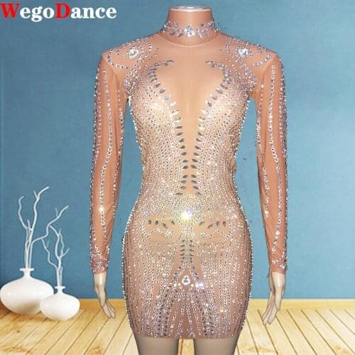 Sparkly Silver Rhinestones Long Sleeves See Through Dress Prom Party Mesh Outfit Women Dance Dress Birthday Costume