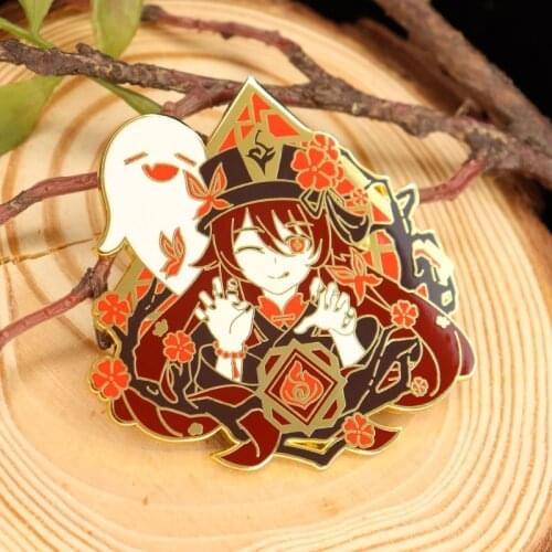 Genshin Impacts Hu Tao Enamel Pin Kawaii Cute Ghost Girl Brooch Pretty Red Lily Flower Medal Video Games Fans Badge Jewelry