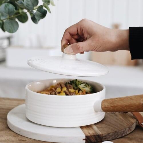 Anti scalding bowl with lid wooden handle European style white ceramic fruit salad soup noodle dessert rice bowl pasta tableware