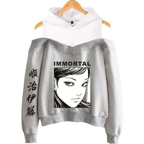 Cool Women Off-shoulder Hoodies Junji Ito Anime Harajuku Hoodie Sweatshirts Streetwear Popular Fashion Female Off-shoulder Tops